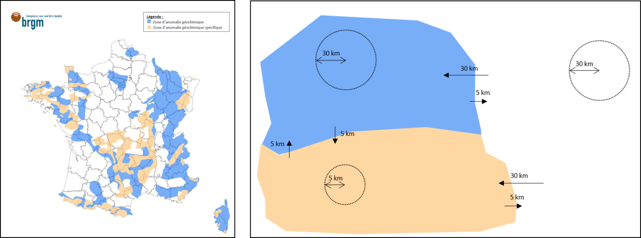 Carte d'anomalies géochimiques et distances de valorisation maximales autorisées